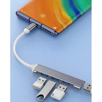 USB šakotuvas VAKOSS TC-4125X — 1× USB 3.0 Type-A, 3× USB 2.0 Type-A, sąsaja: USB Type-C, sidabrinis