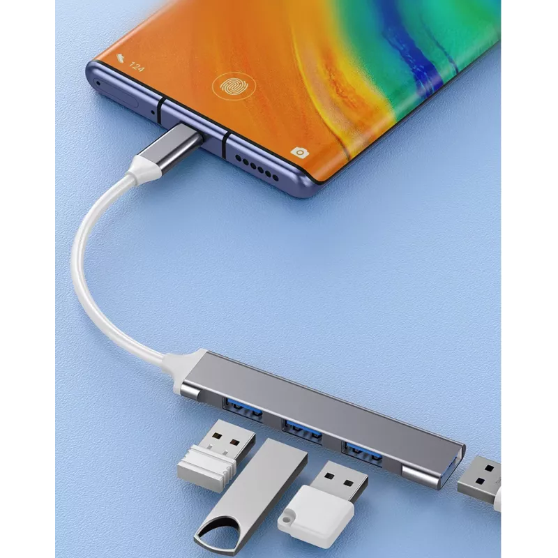 USB šakotuvas VAKOSS TC-4125X — 1× USB 3.0 Type-A, 3× USB 2.0 Type-A, sąsaja: USB Type-C, sidabrinis
