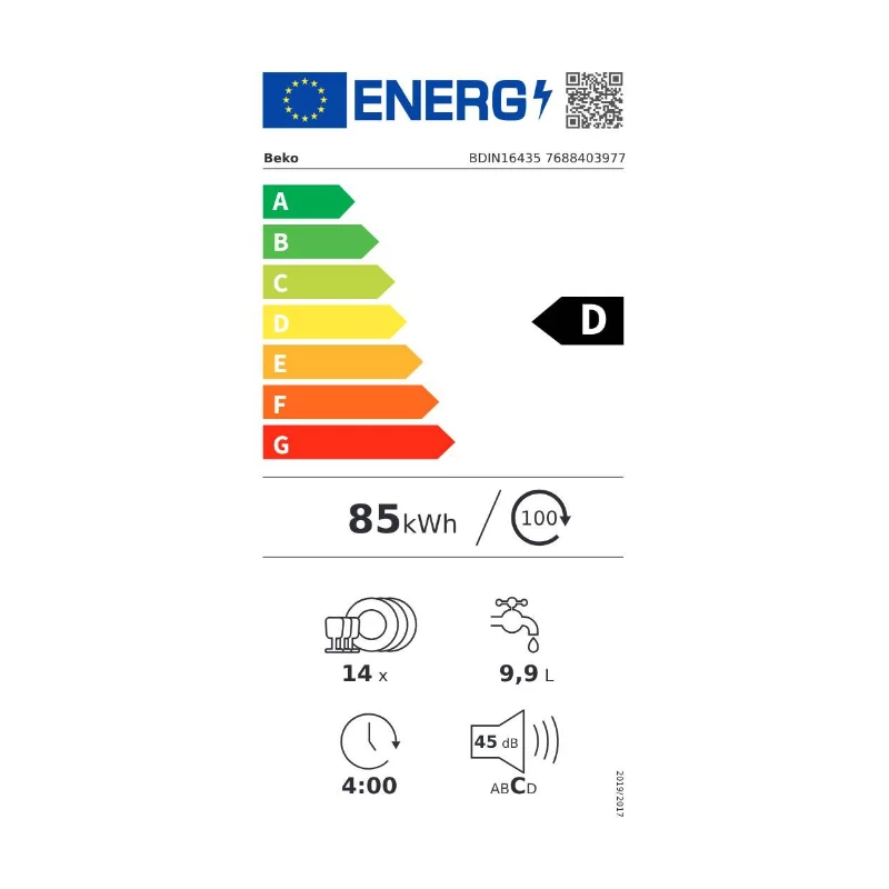 BEKO BDIN16435 įmontuojama indaplovė, energijos klasė D, SelfDry, LED spot