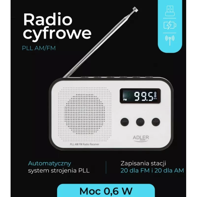 Nešiojamas skaitmeninis radijas Adler AD 1907 – AM/FM, skaitmeninis imtuvas, žadintuvas, USB-C, 600 mAh baterija, LCD, 20 išankstinių stočių, teleskopinė antena