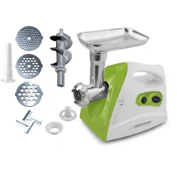 Mėsmalė ESPERANZA EKM012G — 600 W, nerūdijančio plieno peilis, dešrų antgalis, kebabo antgalis, reversas, neslystančios kojelės, balta/žalia