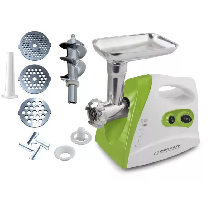 Mėsmalė ESPERANZA EKM012G — 600 W, nerūdijančio plieno peilis, dešrų antgalis, kebabo antgalis, reversas, neslystančios kojelės, balta/žalia