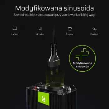Inverteris Green Cell INV04DE, 24 V įėjimas, 230 V išėjimas, 500 W, 50 Hz, universalus maitinimo adapteris, juodas