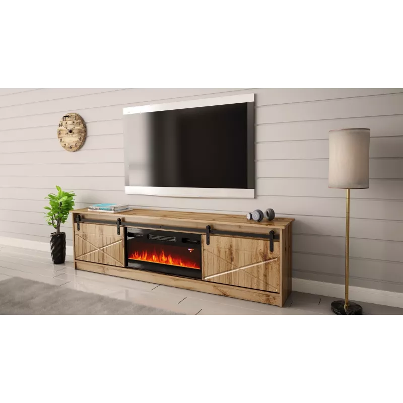 TV spintelė Cama Meble GRANERO su židinio moduliu, Wotan ąžuolas, 2000×350×567 mm, 2 durys, 2 lentynos