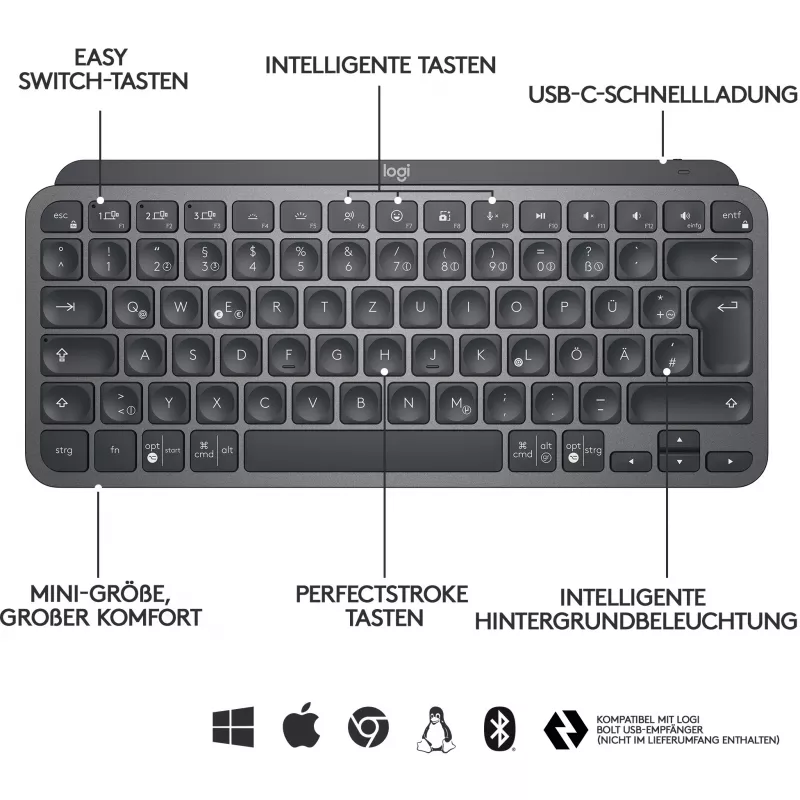 Logitech MX Keys Mini belaidė apšviesta klaviatūra grafito spalvos, UK išdėstymas