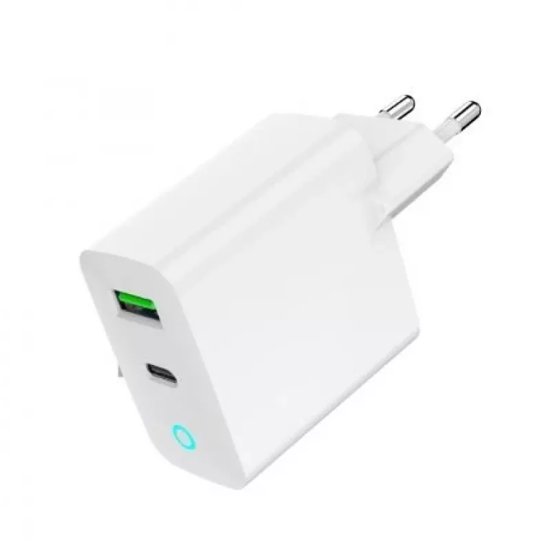 Sieninis maitinimo adapteris 220V GEMBIRD, universalus, 1× USB Type-C PD 20W, 1× USB-A 3.0 QC 18W, LED indikatorius, baltas