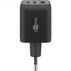 USB-C greitas įkroviklis Nano, PD, GaN, 65 W, USB-C pintas laidas (juodas, 1x USB-A, 2x USB-C PD, Quick Charge 3.0, 1 m laidas)