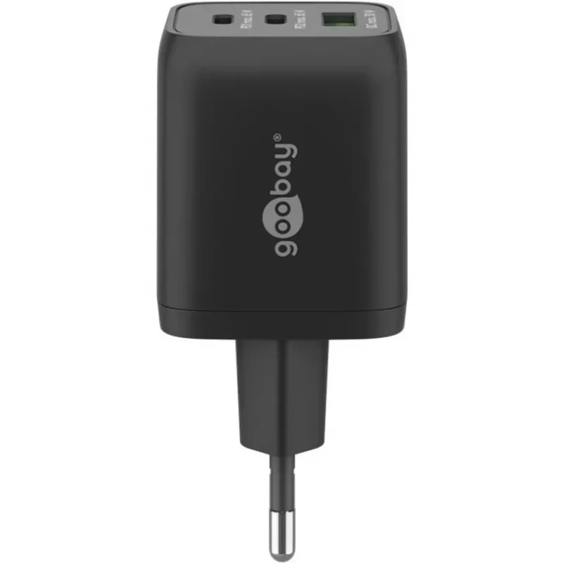 USB-C greitas įkroviklis Nano, PD, GaN, 65 W, USB-C pintas laidas (juodas, 1x USB-A, 2x USB-C PD, Quick Charge 3.0, 1 m laidas)