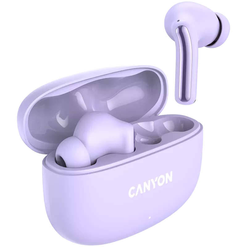 Canyon TWS-9 CNS-TWS9P Belaidės ausinės – Tikrai belaidės – Bluetooth 5.4 – Į ausį – 6h + 30h veikimo laikas – USB-C įkrovimo dėklas – Lietimo valdymas – alyvinė