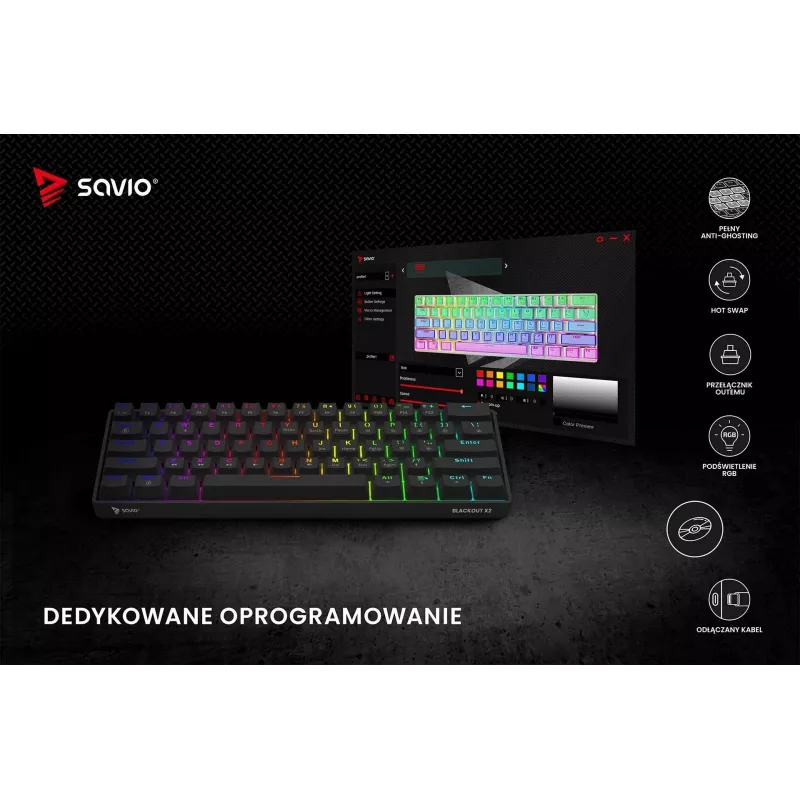 Mechaninė žaidimų klaviatūra SAVIO BLACKOUT X2 BROWN 61 klavišas 60% USB QWERTY RGB Outemu Brown
