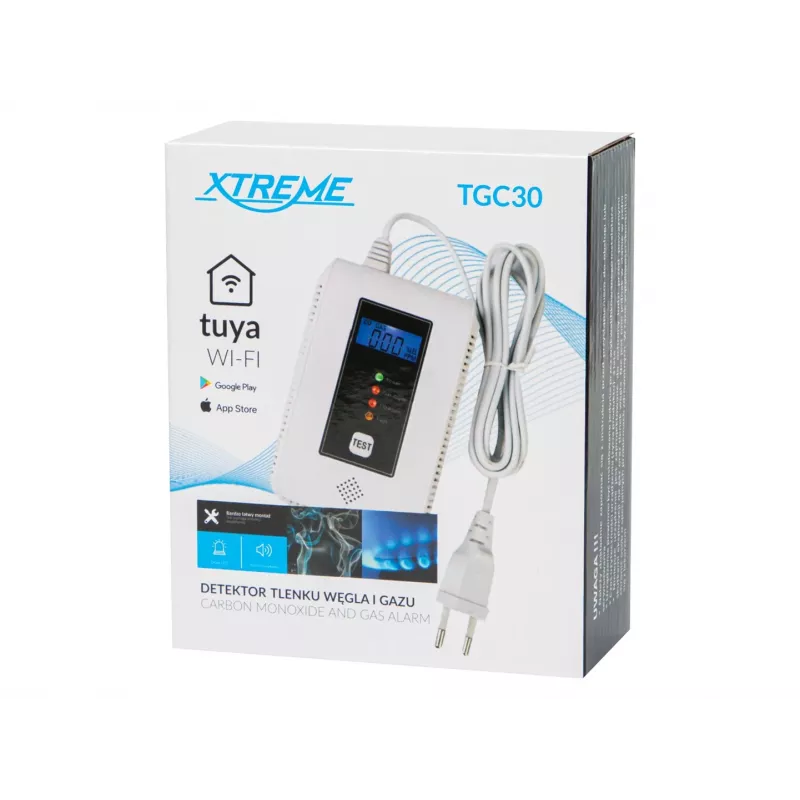 Anglies monoksido ir dujų detektorius BLOW TGC30 WiFi Tuya su LCD, 85 dB, laidinis, paviršinis montavimas, baltas