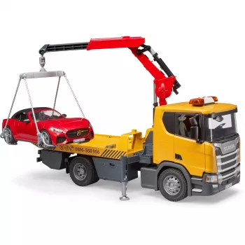 BRUDER Scania Super 560R pagalbos kelyje komplektas su vilkiku ir roadster