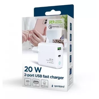 Sieninis maitinimo adapteris 220V GEMBIRD, universalus, 1× USB Type-C PD 20W, 1× USB-A 3.0 QC 18W, LED indikatorius, baltas