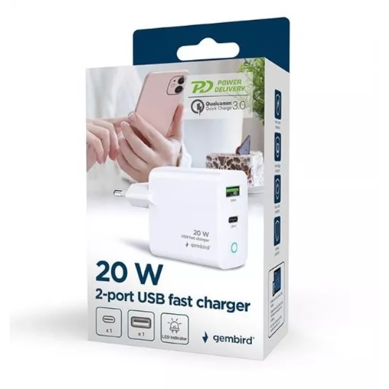 Sieninis maitinimo adapteris 220V GEMBIRD, universalus, 1× USB Type-C PD 20W, 1× USB-A 3.0 QC 18W, LED indikatorius, baltas