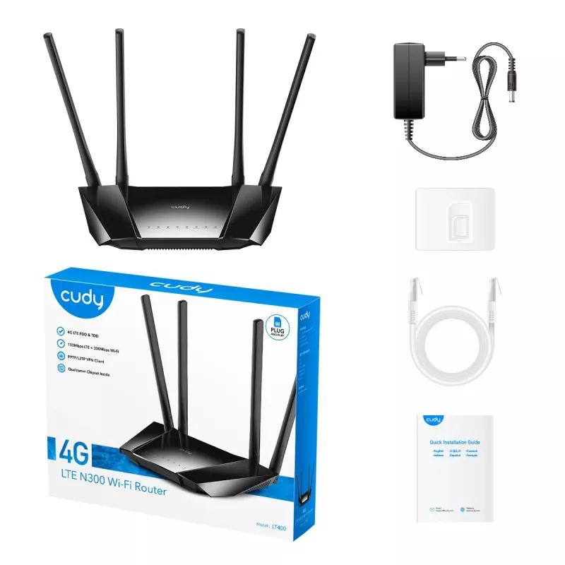 Cudy LT400 belaidis maršrutizatorius 4G LTE, 300 Mbps, 2,4 GHz, Fast Ethernet, juodas