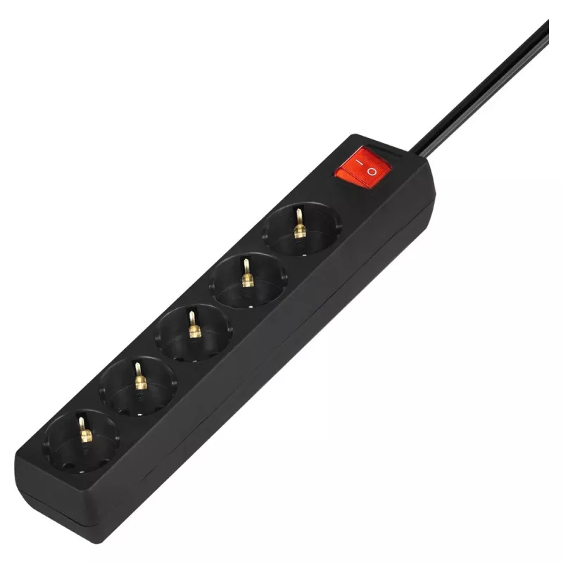 Maitinimo juosta SAVIO LZ-15 — 5 Schuko lizdai, universalus kištukas, 5 m laidas, 2500 W, 10 A, juoda