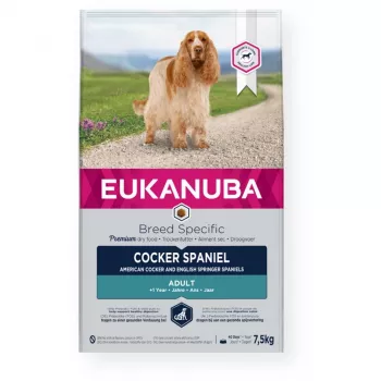 Sausas šunų ėdalas EUKANUBA Breed Specific Cocker Spaniel 7,5 kg – vištiena, suaugusiems, oda ir kailis, širdies palaikymas