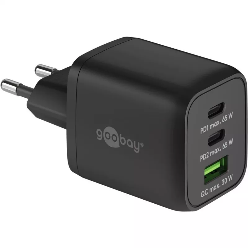 USB-C greitas įkroviklis Nano, PD, GaN, 65 W, USB-C pintas laidas (juodas, 1x USB-A, 2x USB-C PD, Quick Charge 3.0, 1 m laidas)