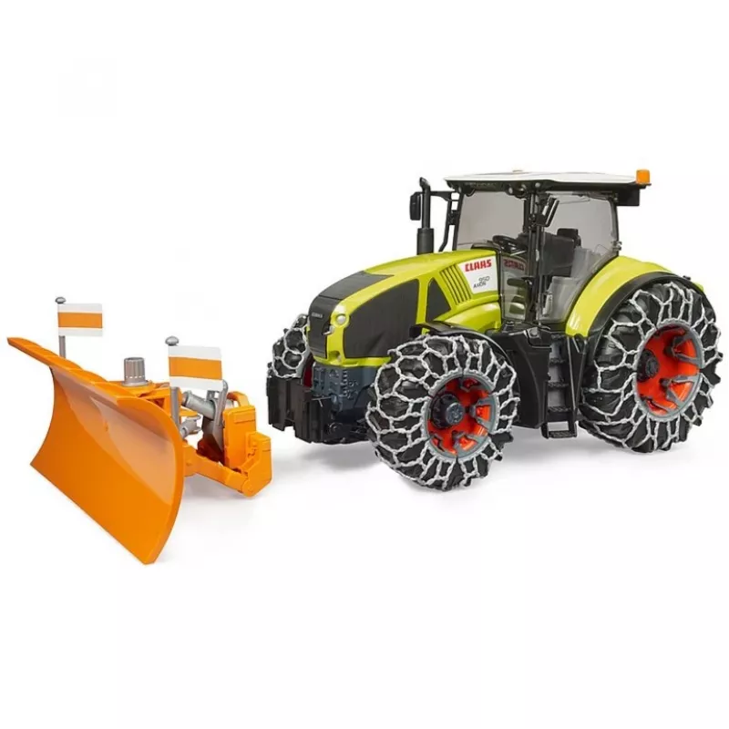 Žaislinis traktorius BRUDER Claas Axion 950 su sniego grandinėmis ir sniego valytuvu, mastelinis modelis