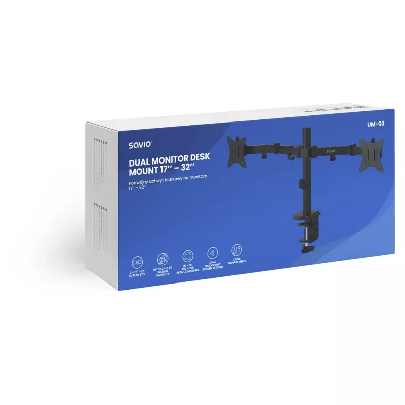 Monitorio laikiklis ant stalo SAVIO UM-03 juodas, dviejų monitorių spaustuvas, VESA 100x100, tinka 17–32 colių, aukštis/pakreipimas/pasukimas/rotacija