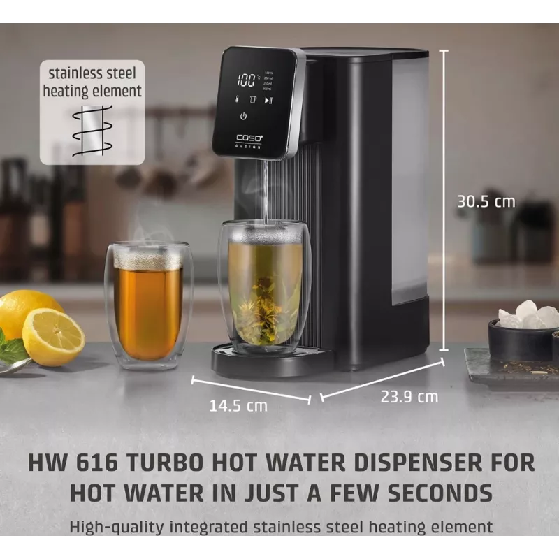 Caso Turbo Hot Water Dispenser HW 616 | Vandens dozatorius | 2600 W | 2,5 L | Plastikas/Nerūdijantis plienas | Juoda/Nerūdijantis plienas