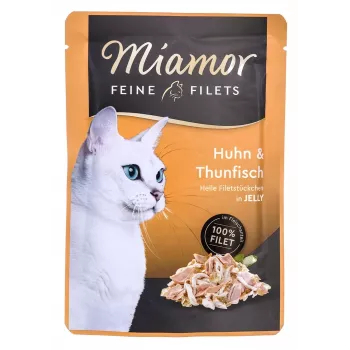 Šlapias kačių maistas Miamor Fine Fillets Jelly 100 g – žuvis ir vištiena, 100 g pakelis