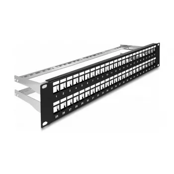 DeLOCK 19 colių Keystone pataisų skydelis 48 prievadų su įtempimo mažinimo elementais 2U juodas