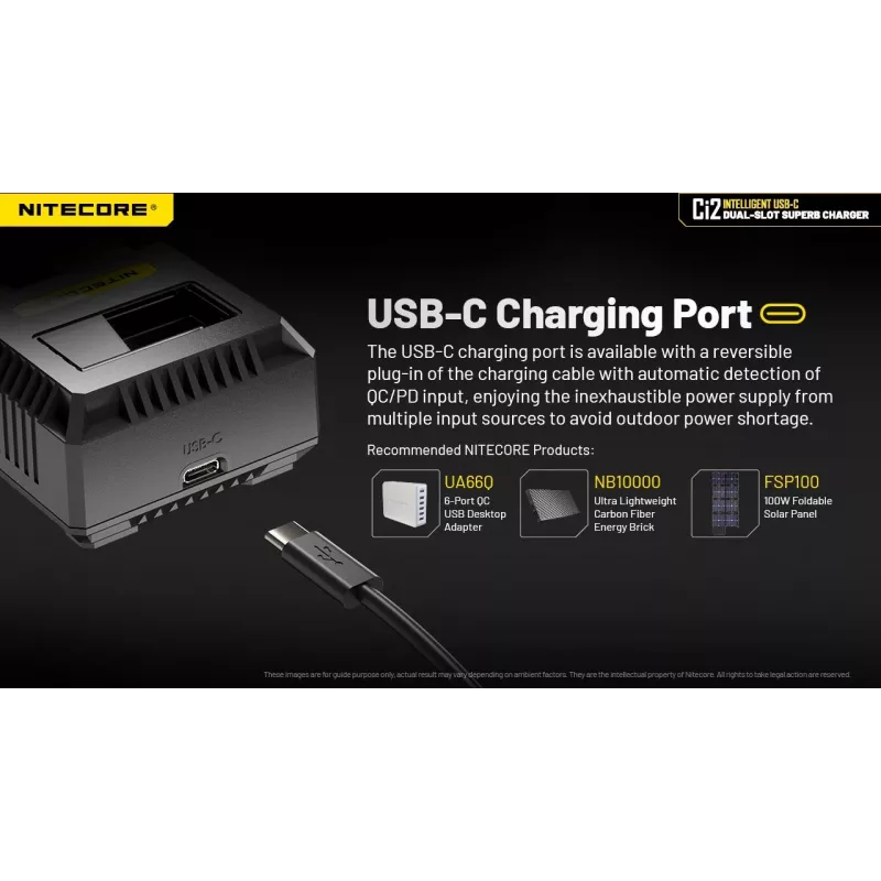 Įkroviklis Nitecore Ci12 Universal USB Li‑Ion, NiCd, NiMH akumuliatoriams, 3A įėjimas 5/9/12V, plastikinis korpusas