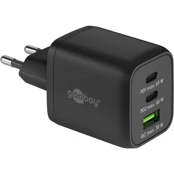 USB-C greitas įkroviklis Nano, PD, GaN, 65 W, USB-C pintas laidas (juodas, 1x USB-A, 2x USB-C PD, Quick Charge 3.0, 1 m laidas)