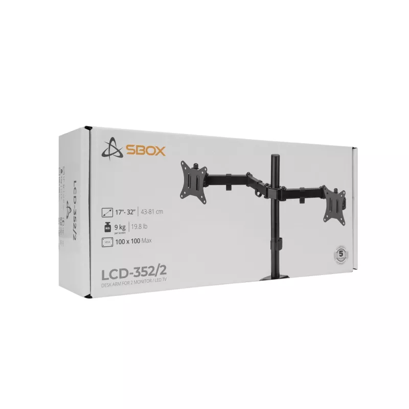Sieninis monitoriaus laikiklis SBOX LCD-352/2-2, dvi rankos, 13–32 colių, 2×8 kg, VESA 100×100