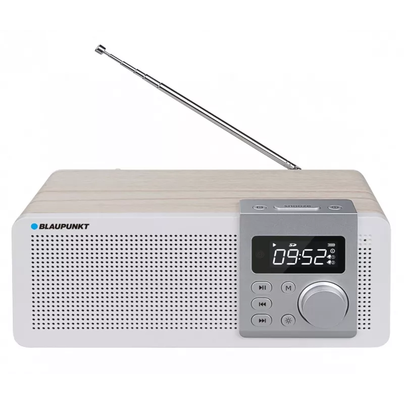 Nešiojamas radijo imtuvas BLAUPUNKT PP14BT su Bluetooth, MP3, MicroSD, USB ir žadintuvu — 6 W, baterija/maitinimas tinklu, 230×118×90 mm