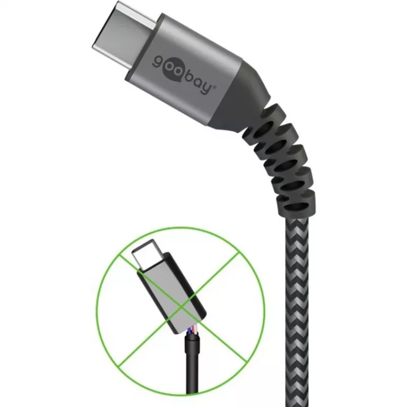 Goobay 49301 USB-C–USB-C laidas tekstiliniu apvalkalu ir metaliniais kištukais, 0,5 m, kosminė pilka/sidabrinė