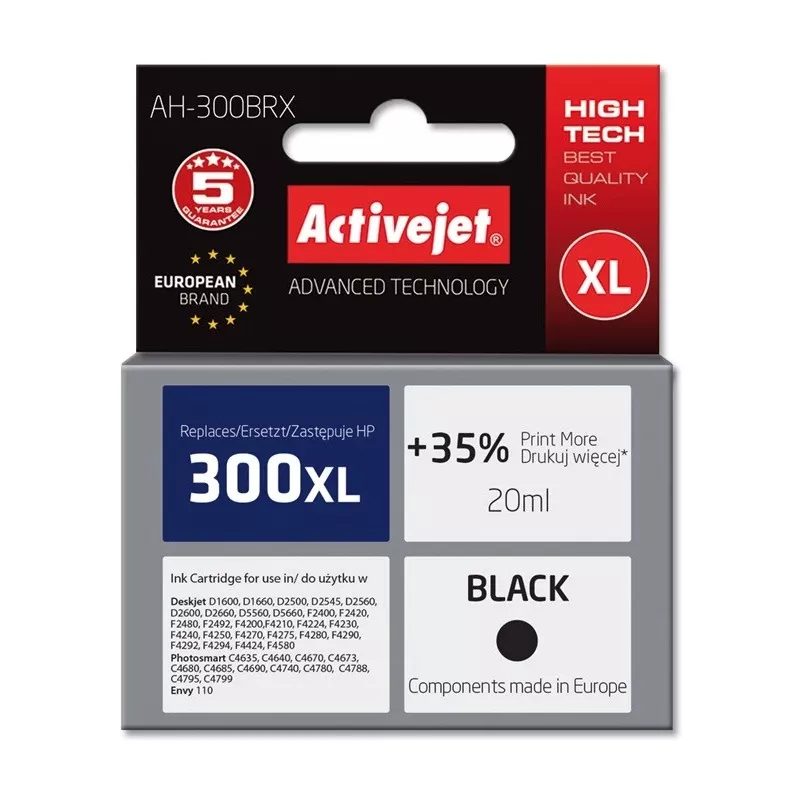 ActiveJet AH-300BRX suderinama kasetė (juoda, 20 ml, High XL, pigmentinis, skirta HP 300XL CC641EE)