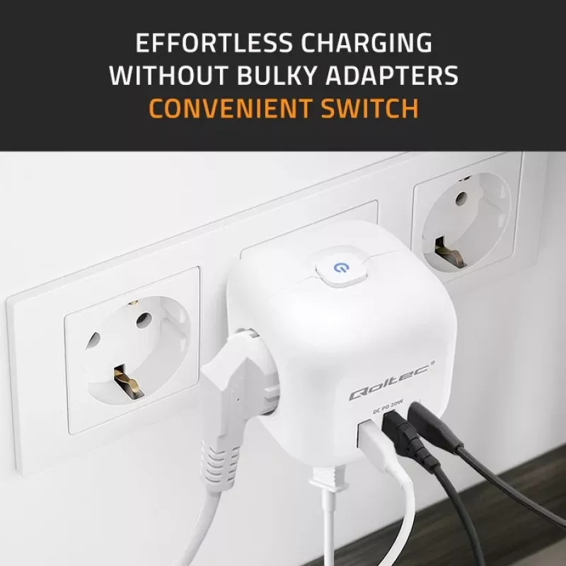 QOLTEC 52548 ilgintuvas su 3×AC lizdais ir USB prievadu