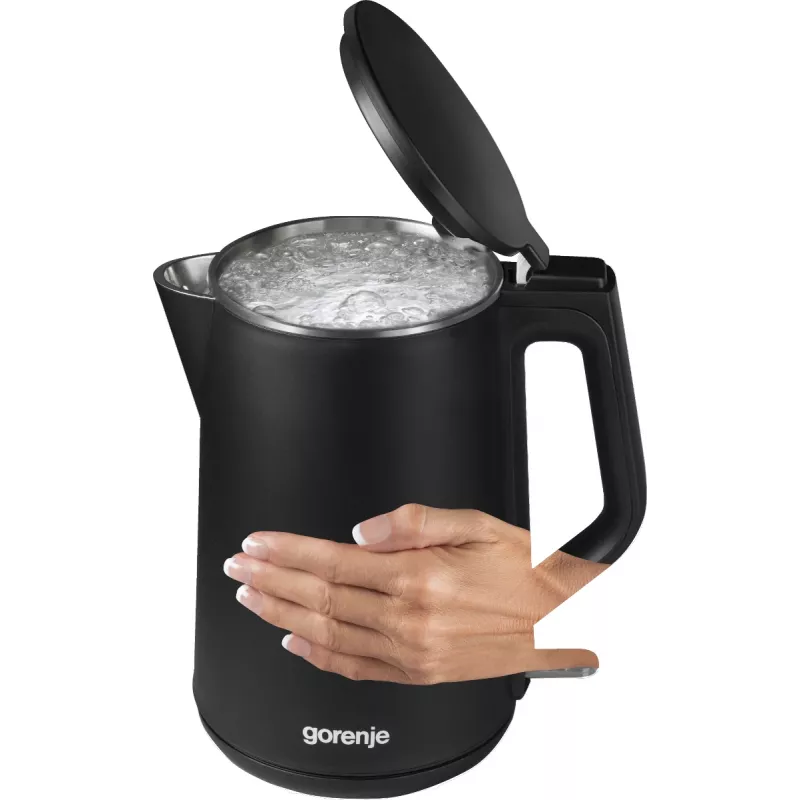 Elektrinis virdulys Gorenje K15DWBK — 1,5 L, 2200 W, juodas, mygtukinis valdymas, 360° pagrindas