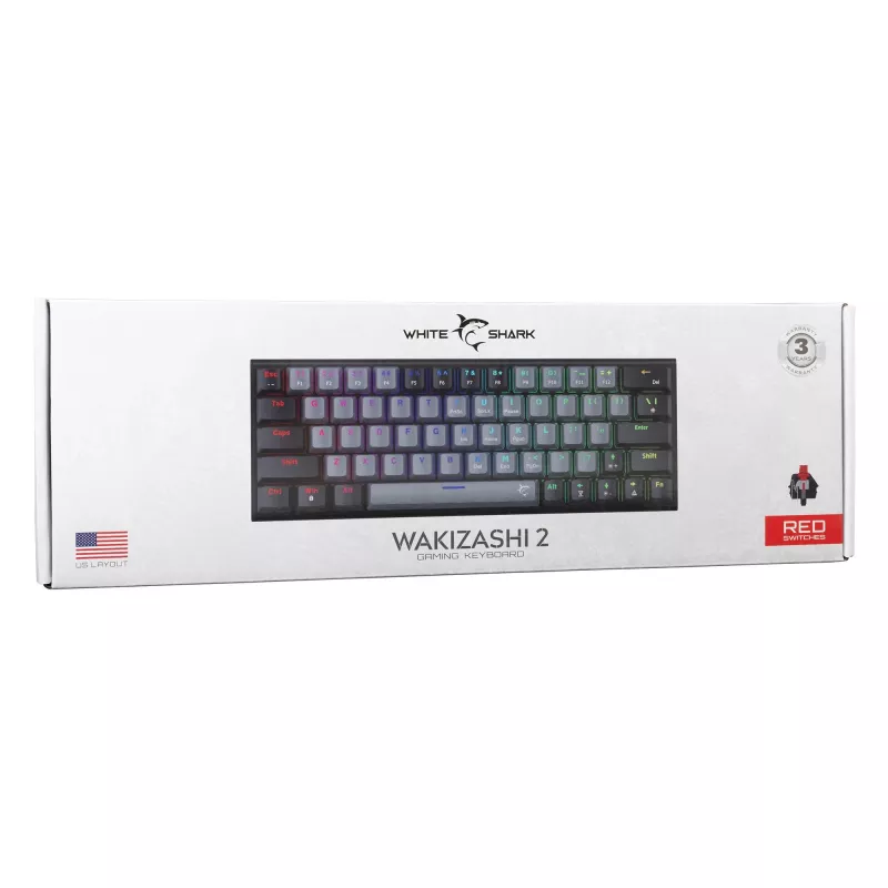 Mechaninė žaidimų klaviatūra White Shark WAKIZASHI-2 US išdėstymas pilkai juoda su raudonais jungikliais
