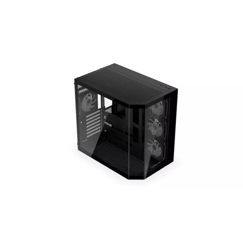 Krux Empero KRXD010 Midi Tower PC korpusas, ATX, su grūdinto stiklo skydu, 4 x 120 mm ARGB ventiliatoriai, juodos spalvos - GPU iki 420 mm, procesoriaus aušinimas iki 155 mm, 2x 3,5" + 3x 2,5" įdėklai