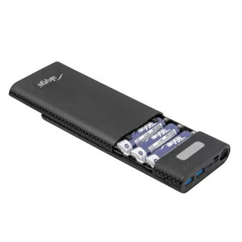 Akyga AK-BC-04 išorinės baterijos korpusas 8x 18650 Li-Ion elementams, 18 W, USB-C + 2x USB-A, LED žibintuvėlis, juodas