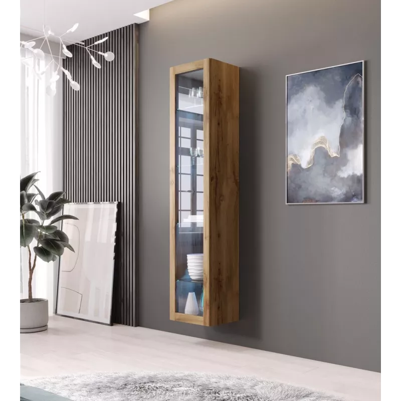 Vitrininė spinta Cama Meble VIGO 180 – sieninė stiklinė vitrina, 1800×400×300 mm, wotan ąžuolas