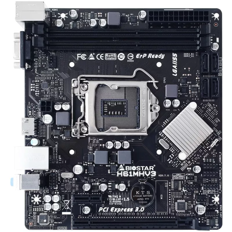 Motininė plokštė BIOSTAR H61MHV3 micro ATX, Intel H61 mikroschemų rinkinys, LGA 1155, DDR3, 2x DIMM, 4x SATA II, HDMI, VGA
