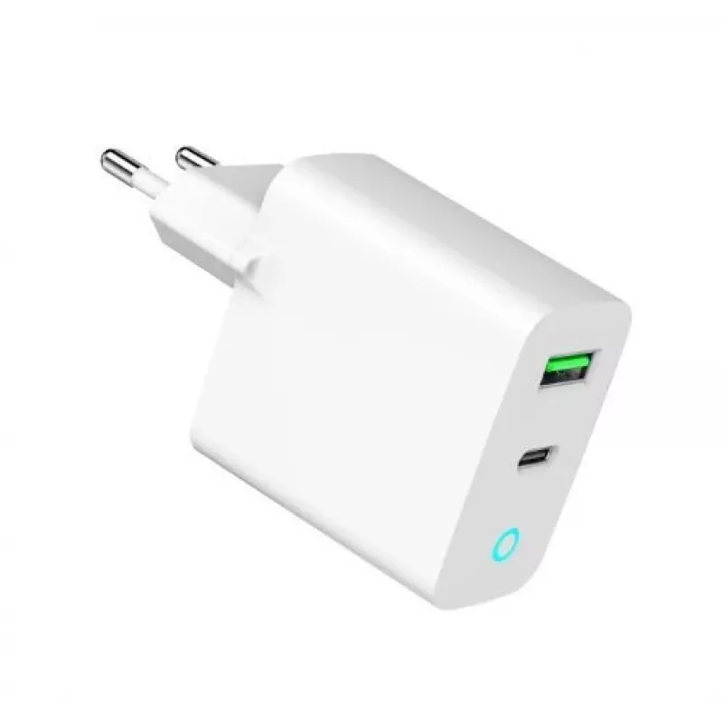 Sieninis maitinimo adapteris 220V GEMBIRD, universalus, 1× USB Type-C PD 20W, 1× USB-A 3.0 QC 18W, LED indikatorius, baltas