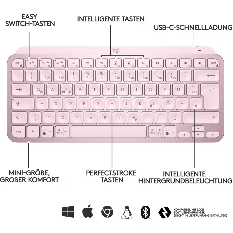 Logitech MX Keys Mini belaidė apšviesta klaviatūra - rožinė - CENTRAL (DE)