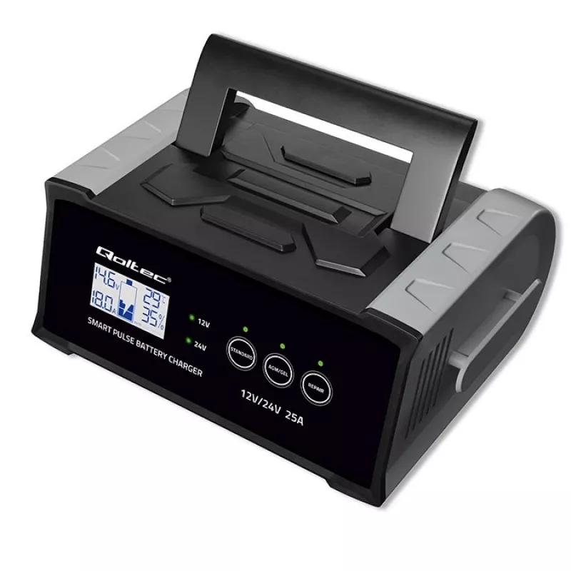 Akumuliatoriaus įkroviklis QOLTEC 52514 — 12V/24V, 25A, AGM/GEL/SLA akumuliatoriams su LCD ekranu