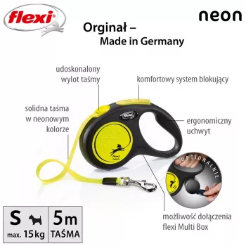 Ištraukiamasis pavadėlis Flexi New NEON 5 m – juostinis pavadėlis mažiems šunims iki 15 kg, juodai geltonas