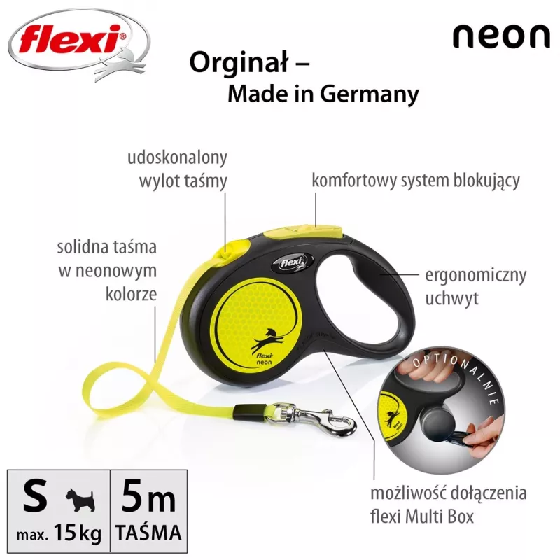 Ištraukiamasis pavadėlis Flexi New NEON 5 m – juostinis pavadėlis mažiems šunims iki 15 kg, juodai geltonas