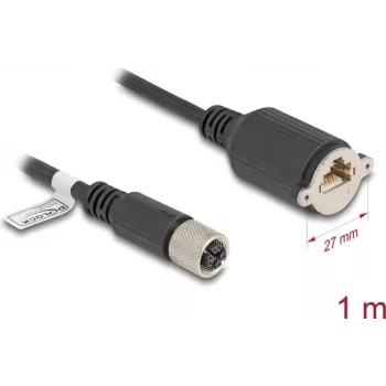 Tinklo kabelis DeLOCK M12 X-koduotas 8 kontaktų moteriškas į RJ45 lizdą Cat.6A 1 m Juodas