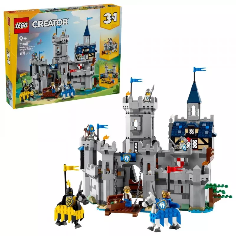LEGO Creator 3-in-1 Viduramžių riterio pilies statybos rinkinys 31168 — 1371 detalė, 6 minifigūrėlės, nuo 9 metų
