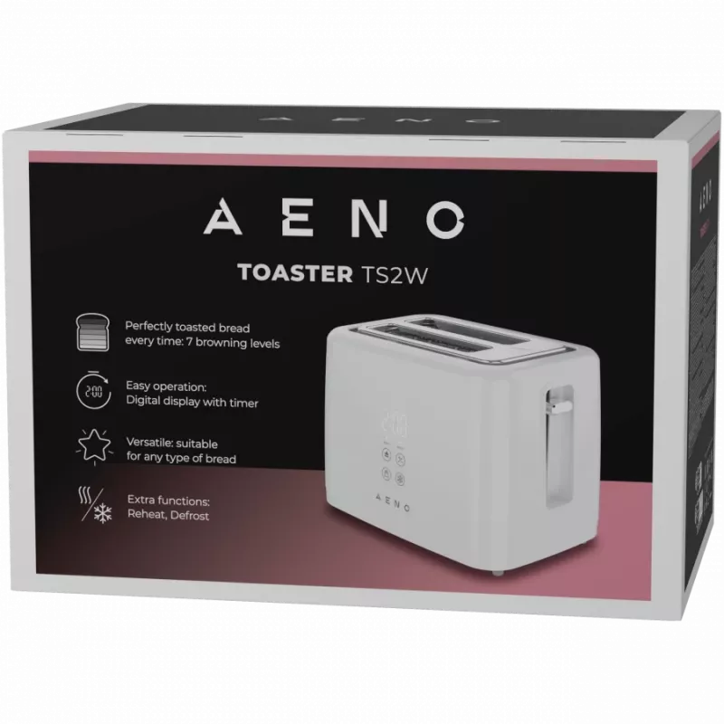 Skrudintuvas AENO ATS0002W 2 lizdai, 780–930 W, 220–240 V 50–60 Hz, 3 režimai, 7 skrudinimo lygiai, Baltas