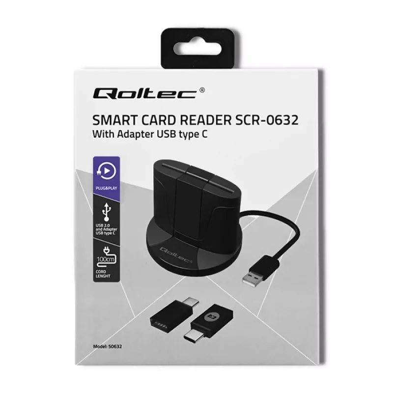 Qoltec 50632 lustinių kortelių skaitytuvas, USB 2.0, juodas, 1 m kabelis