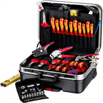 Mechaniko įrankių rinkinys Knipex 00 21 06 – 68 įrankių, su smailianosėmis ir vandentiekio replėmis, raudonai geltoni įrankiai, juodas dėklas (515×438×265 mm)